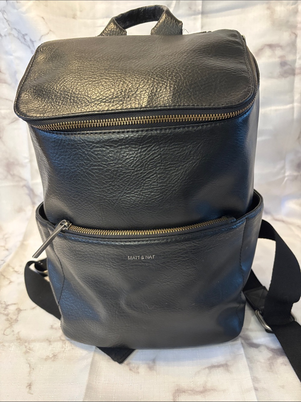 Matt & Nat Black Vegan Leather Square-Top Backpack with Gold Zippers